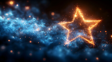 Wall Mural - Glowing star shines among blue mist and bokeh lights