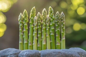 Poster - Fresh asparagus arranged neatly on a rustic stone surface during golden hour in a natural outdoor setting