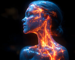 Wall Mural - Glowing woman with fiery veins on body and face against a dark background