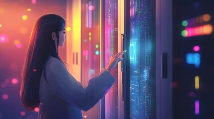 Poster - Young woman interacting with light display, Asian woman in vibrant environment exploring interactive technology, modern aesthetics.