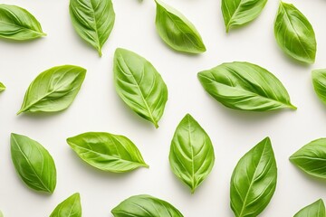 Poster - Fresh basil leaves arranged on a light surface for culinary use in cooking and garnishing various dishes