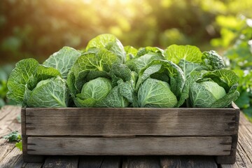 Poster - Freshly harvested green cabbages stacked in a wooden crate under warm sunlight in a garden setting