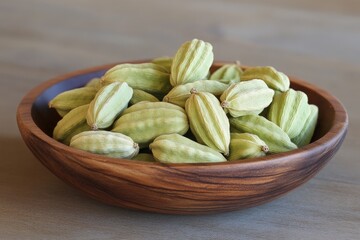 Poster - Green cardamom pods arranged in a wooden bowl on a light surface showcasing spices used in cooking and baking