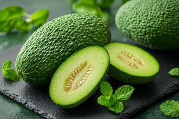 Poster - Fresh green avocados sliced on a dark stone surface with mint leaves in a bright kitchen setting during the daytime