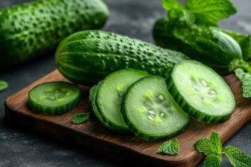 Poster - Fresh cucumbers sliced on a wooden board with mint leaves in a kitchen setting during bright daylight