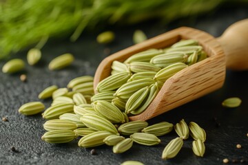 Poster - Fennel seeds spilled from a wooden scoop on dark textured surface displaying their vibrant green hue and unique shape