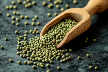 Poster - Green seeds scattered from wooden scoop on dark surface during daytime in a kitchen