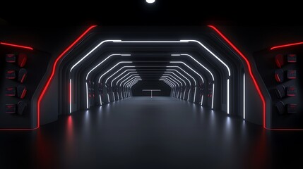Poster - A futuristic looking hallway is illuminated by neon lighting