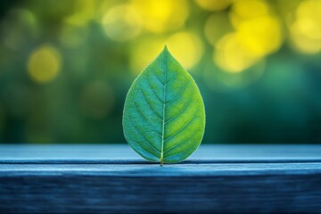 Poster - Closer look at a vibrant green leaf on a wooden surface showcasing nature’s beauty in a serene outdoor setting during the day