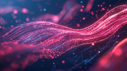Poster - Soft glowing pink optical fiber strands emitting neon energy in an abstract futuristic space.