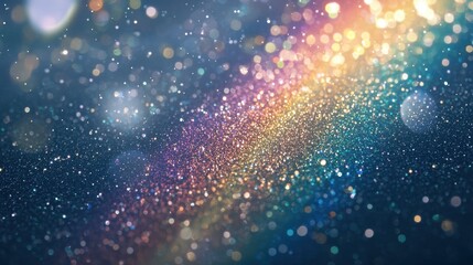 Poster - Softly illuminated rainbow particles, twinkling in a vast dark space with depth effect.