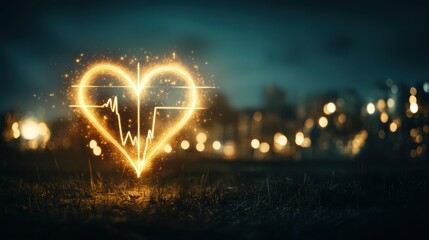 Fototapete - Heartbeat Pulse Symbol with Sparkling Lights in Night Cityscape Background