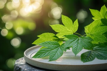 Fototapete - Fresh green leaves resting on a textured plate in a sunlit outdoor setting during late afternoon