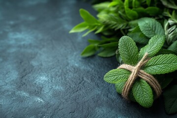 Poster - Freshly harvested mint leaves arranged on a textured surface with twine in a natural setting during daylight hours