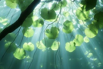 Poster - Sunlight filters through lush green leaves in a serene forest setting during the early morning hours