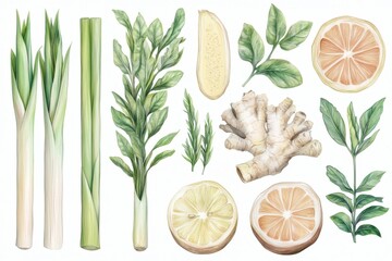 Poster - Variety of fresh herbs, vegetables, and citrus fruits arranged artfully on a light background