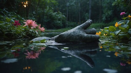 Poster - A serene water scene featuring a hand sculpture among flowers and lush greenery.