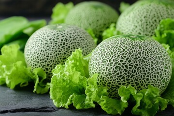 Aufkleber - Fresh melons surrounded by crisp lettuce in bright, natural lighting showcase vibrant produce in a kitchen setting