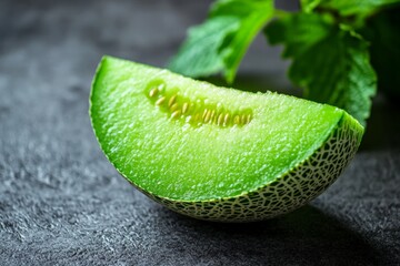Poster - Freshly cut green melon slice with mint leaves on a dark surface in a kitchen setting
