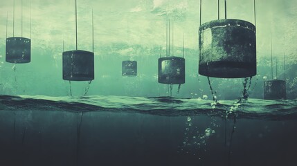Poster - Abstract digital art installation, floating geometric shapes in a serene underwater setting, perfect for modern design themes