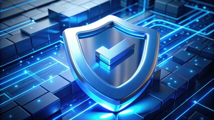 Fototapete - Digital Shield: Cyber security concept with a metallic shield and check mark, embedded within a technological circuit board design, rendered with intricate detail.