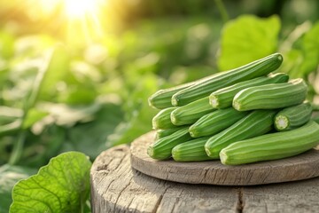 Poster - Fresh green vegetables on a wooden surface under sunlight in a verdant garden