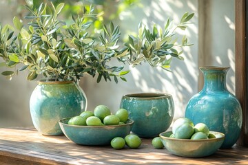 Aufkleber - Decorative pottery with green fruit and olive branches displayed on wooden table in a bright natural setting