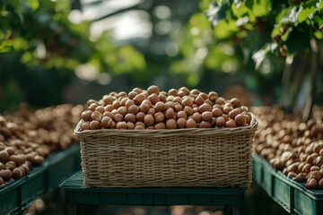 Poster - Large basket filled with freshly harvested hazelnuts in a bright greenhouse setting surrounded by lush greenery