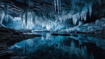 Poster - A stunning ice cave with icicles and reflections on a serene blue surface.