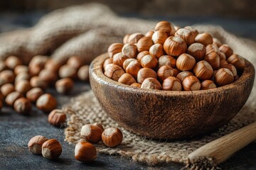 Poster - Wooden bowl filled with hazelnuts placed on burlap with scattered nuts on dark surface
