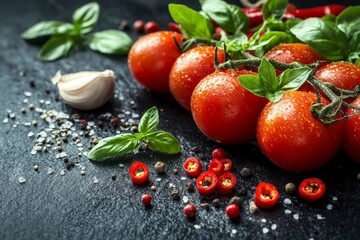Poster - Fresh tomatoes, basil, and spices arranged on a dark surface ideal for culinary inspirations in a kitchen setting