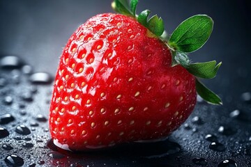Poster - Fresh and vibrant strawberry resting on a dark surface with droplets of water glistening in the light