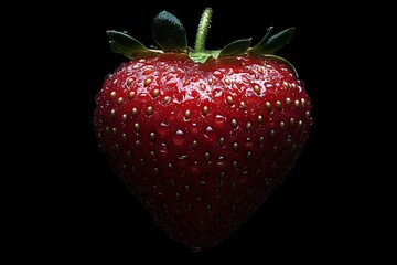 Poster - Fresh and juicy strawberry with droplets glistening on its surface captured against a black background