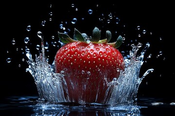 Poster - Bright red strawberry splashes into water creating a beautiful, dynamic display of droplets