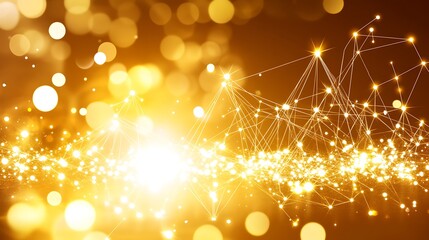 Poster - Golden abstract illustration depicting interconnected points of light and bokeh