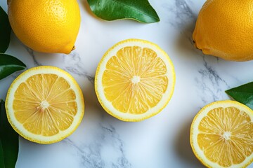 Poster - Fresh lemons cut in half on a marble surface with green leaves surrounding them