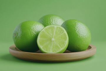 Poster - Fresh limes arranged on a wooden plate with a vibrant green background showcasing their bright color and texture