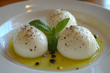 Poster - Fresh mozzarella balls drizzled with olive oil and garnished with black pepper in an elegant presentation