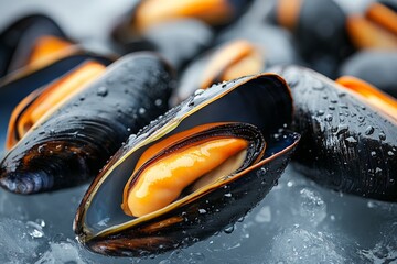 Aufkleber - Freshly harvested mussels resting on ice, ready for cooking and serving in a seafood dish or market display