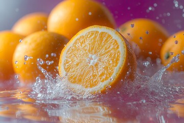 Aufkleber - Fresh oranges splashing in water with vibrant colors showcasing juicy fruit and dynamic movement