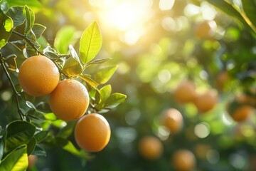 Poster - Fresh oranges hang on trees in a vibrant orchard during the sunny morning light with a backdrop of blurred greenery
