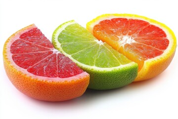 Poster - Colorful citrus fruit slices showcasing vibrant red, green, and yellow varieties on a white background