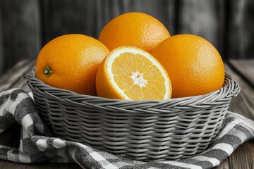 Poster - Fresh, juicy oranges in a gray basket on a wooden table with a checkered cloth