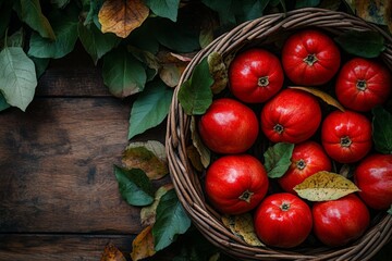 Poster - Freshly harvested red tomatoes in a woven basket surrounded by autumn leaves on a wooden surface