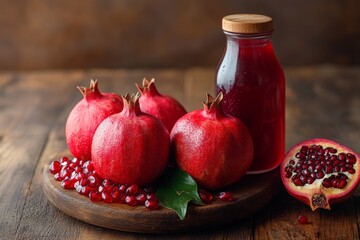 Poster - Fresh pomegranates and juice displayed on a wooden surface in a cozy kitchen setting