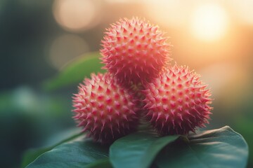 Poster - Vibrant red spiky fruits growing on a green shrub during sunset in a tropical garden setting