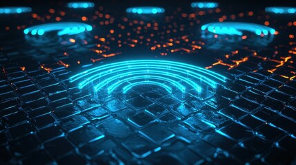 Poster - A futuristic 3D wireless signal icon with bright glowing blue waves on a dark digital background.