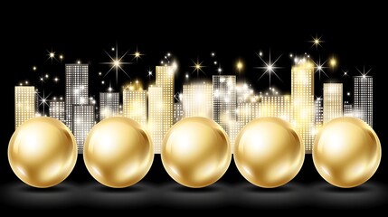 Aufkleber - Shiny golden spheres in front of a city skyline illustration