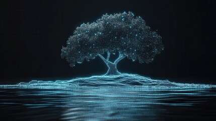 Poster - Vibrant Digital Tree with Neon Lights Reflected on Dark Water Surface at Night