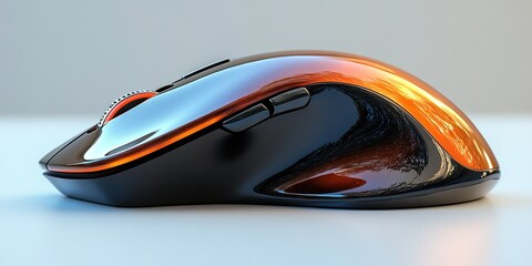 Poster - Sleek black and orange computer mouse on a smooth surface during bright daylight